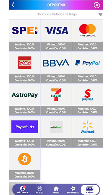 Pantalla con los métodos de pago disponibles en la app de PlayUZU: SPEI, Visa, PayPal y más.