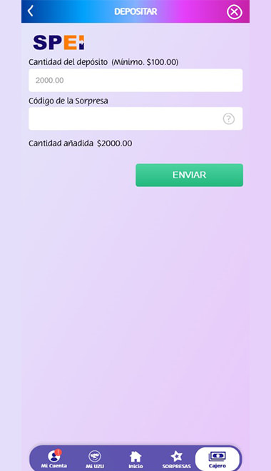 Pantalla de depósito de PlayUZU por SPEI con importe y botón de enviar.