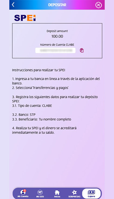 Pantalla de depósito por SPEI con CLABE e instrucciones de transferencia.