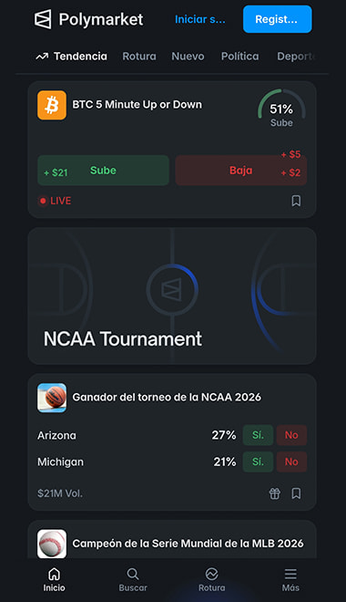 Interfaz principal de Polymarket mostrando varios mercados de predicciones