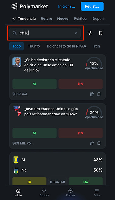 Selección de la categoría 'Chile' y lista de predicciones en Polymarket