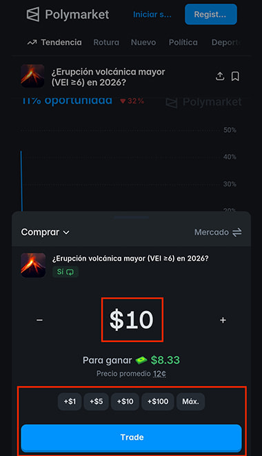 Selección de predicción 'Si' por $10 en Polymarket y botón 'trade'