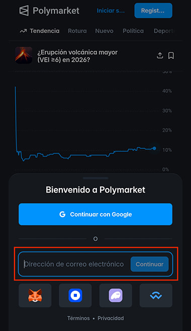Pantalla de registro para un nuevo usuario en Polymarket con uso de e-mail