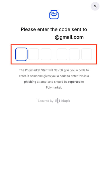 Interfaz de introducción de código secreto recibido por e-mail para registro