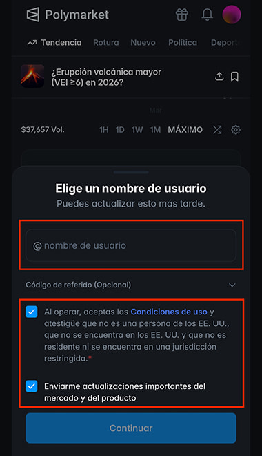 Interfaz de selección de nombre de usuario y aceptación de términos y condiciones en Polymarket