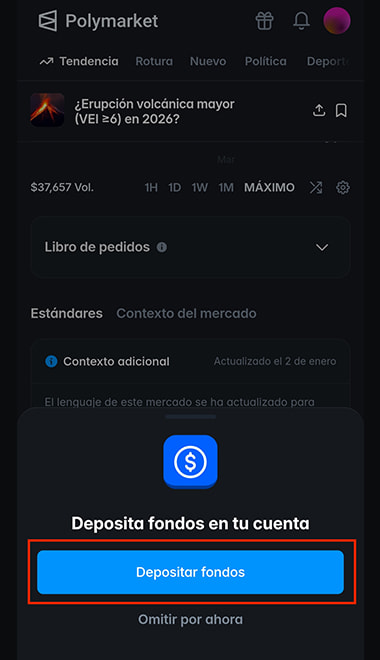 Interfaz de primer depósito de fondos en Polymarket