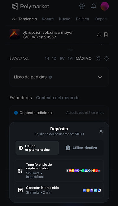 Interfaz de depósito de fondos en Polymarket con opciones de pagos con criptomonedas