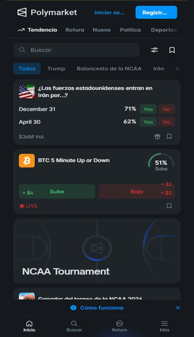 Pantalla principal de Kalshi en móvil con acceso al registro y mercados destacados