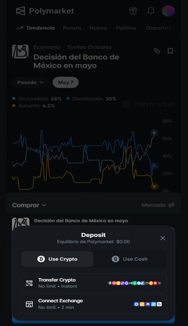 Sección de depósito en Kalshi desde móvil con métodos de pago disponibles en México