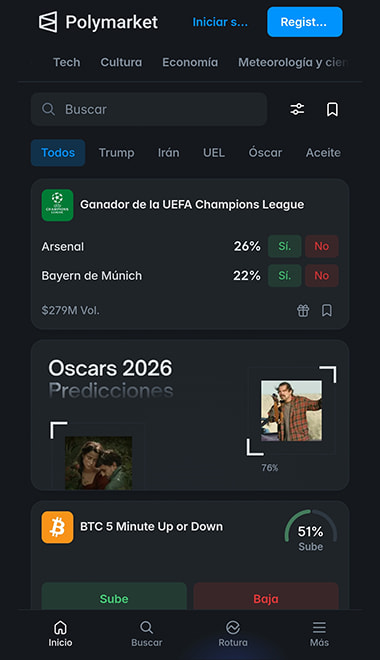 Interfaz principal de Polymarket con mercados de predicción