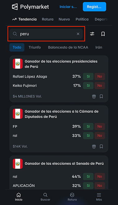 Selección de la categoría 'Perú' y lista de predicciones en Polymarket