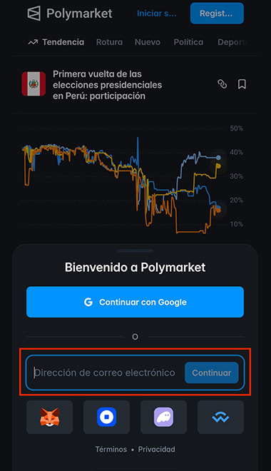 Pantalla de registro para un nuevo usuario en Polymarket con uso de e-mail