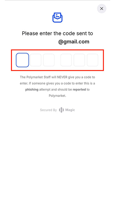 Interfaz de introducción de código secreto recibido por e-mail para registro