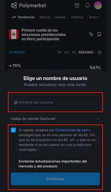 Interfaz de selección de nombre de usuario y aceptación de términos y condiciones en Polymarket