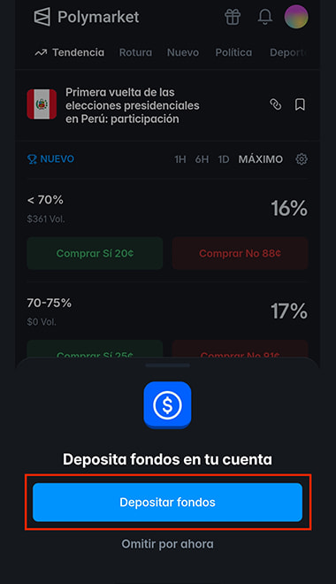 Interfaz de primer depósito de fondos en Polymarket