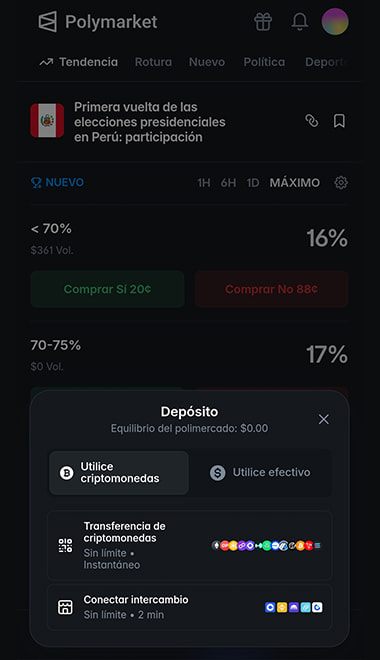 Interfaz de depósito de fondos en Polymarket con opciones de pagos con criptomonedas