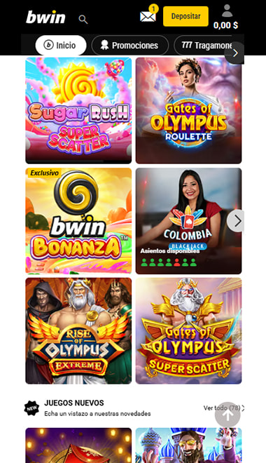 Lobby de bwin Colombia con las tragamonedas y las mesas en vivo destacadas antes de depositar.