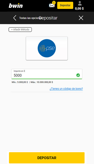 Pantalla de depósito de bwin con PSE elegido, importe de $5.000 y los topes a la vista.