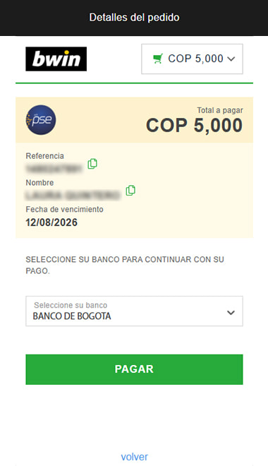 Detalle del pago PSE con referencia, titular, fecha de vencimiento y selector de banco colombiano.