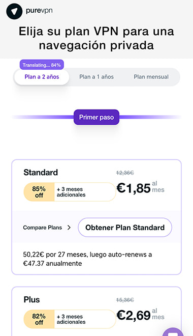 Pantalla de comparativa de planes y precios de PureVPN.