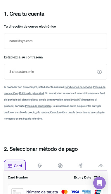 Pantalla de registro y creación de cuenta en PureVPN.