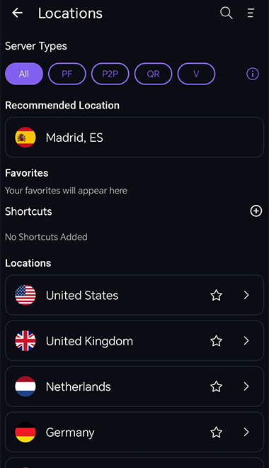 Selección de servidor en la app de PureVPN