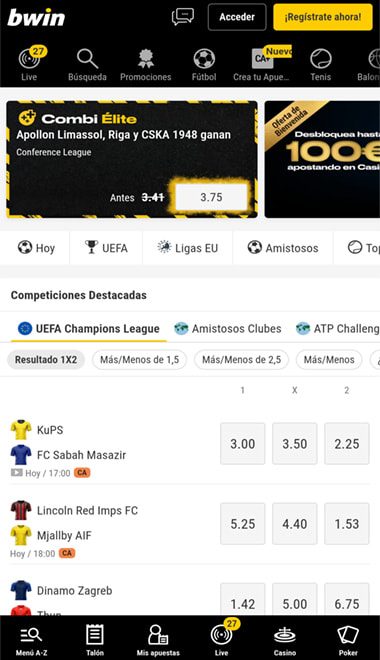 Pantalla principal de la app de apuestas de bwin.