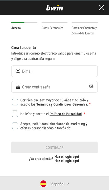 Pantalla de registro de cuenta en bwin.