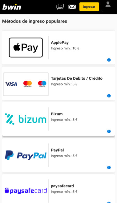 Pantalla con los métodos de pago disponibles en la app de bwin.
