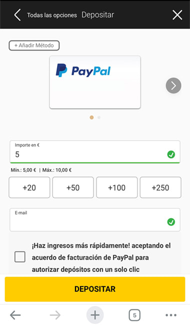Pantalla de depósito en bwin con el método de PayPal.