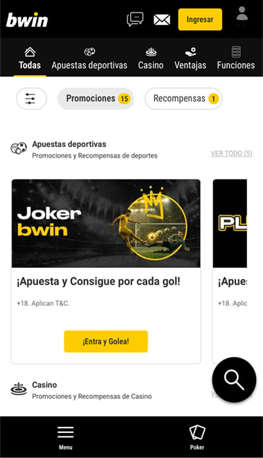 Pantalla de de las promociones destacadas para apuestas en bwin.