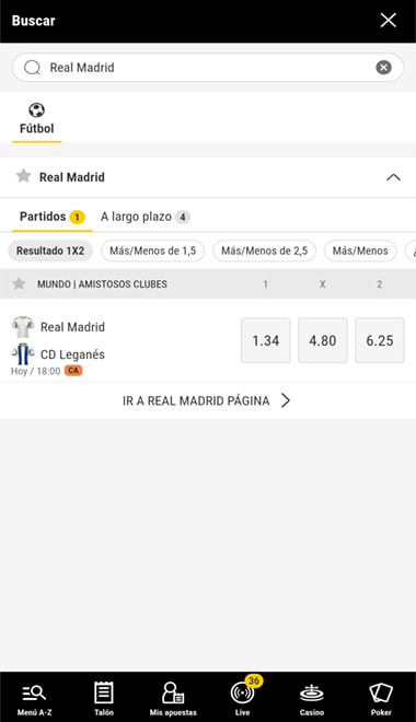 Pantalla de las principales apuestas en bwin para el Real Madrid.