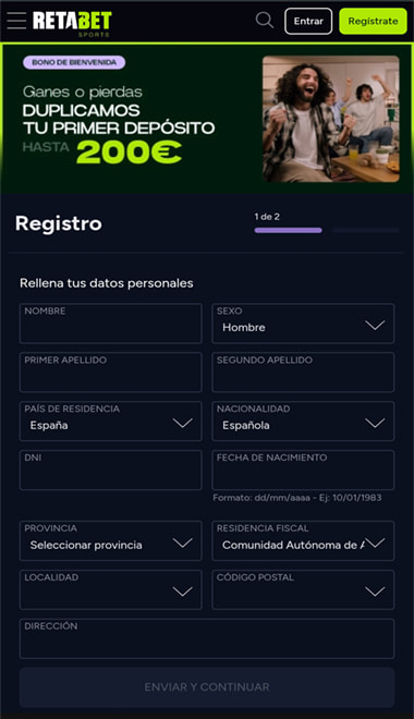 Pantalla de registro en Retabet.