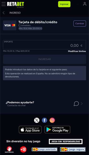 Pantalla de depósito desde el cajero de la casa de apuestas Retabet.