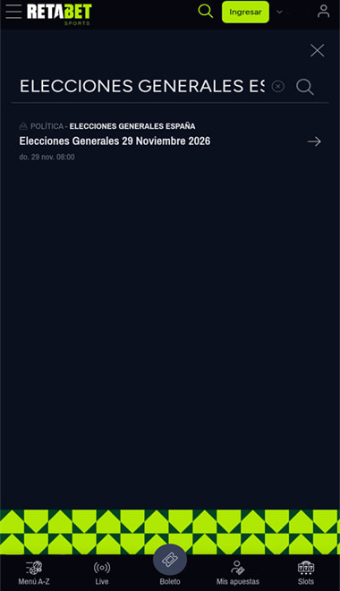 Pantalla de búsqueda de los mercados de política.