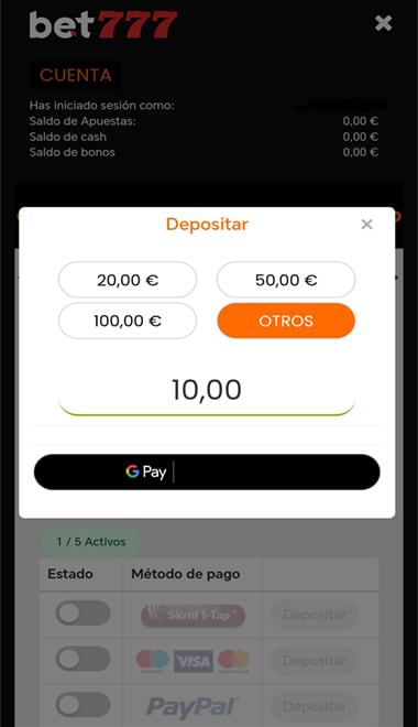 Pantalla con la cantidad para depositar con Google Pay en Bet777.