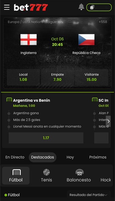 Pantalla con las apuestas disponibles en Bet777 para apostar con saldo.