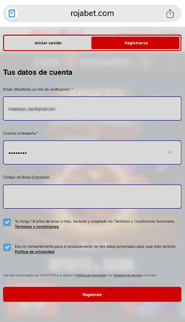 Formulario de registro para nuevos usuarios de casino online.