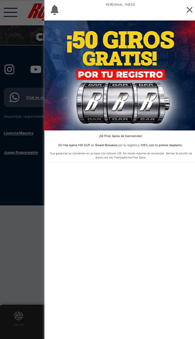 Confirmación de 50 giros gratis tras el registro en notificaciones del perfil.