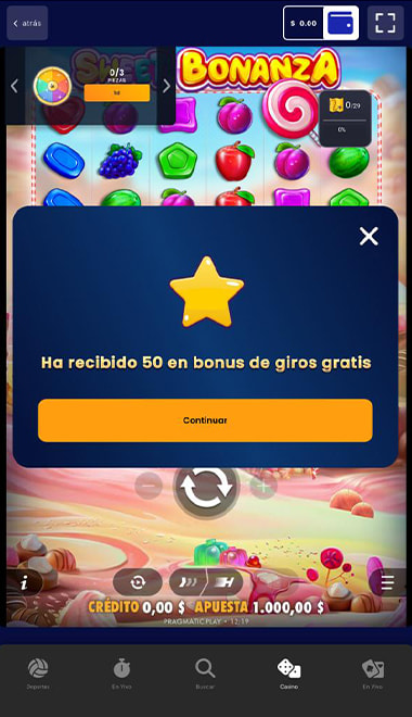 Aviso en pantalla de 50 giros gratis activados en Sweet Bonanza.