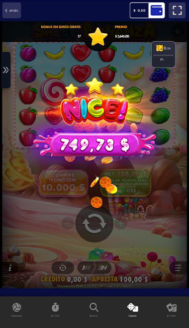 Interfaz del juego Sweet Bonanza con giros gratis.