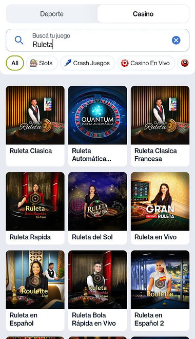 Buscador del casino con el catálogo de ruletas en vivo y automáticas.