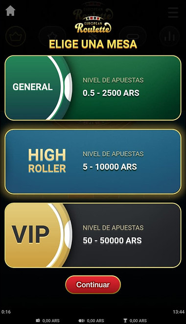 Elección de mesa en European Roulette con niveles de apuesta en pesos.
