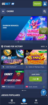 Lobby principal del casino online 1xBet mostrando varios juegos de tragamonedas.