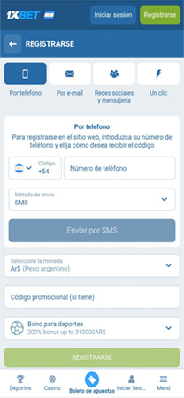 Formulario de registro de 1xBet, mostrando la opción para registrarse por teléfono en Argentina.