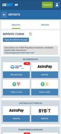Pantalla de depósitos de 1xBet con métodos de pago como Mercado Pago y carteras electrónicas.
