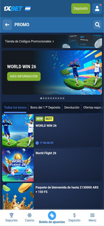 Sección de promociones de 1xBet mostrando el bono de bienvenida y otras ofertas disponibles.