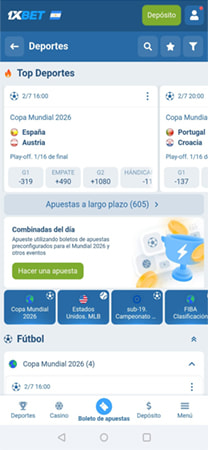 Lobby de apuestas deportivas de 1xBet con mercados para partidos de fútbol.