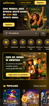 Pantalla de inicio del casino Awintura mostrando promociones de la Copa Mundial y el menú principal de juegos.