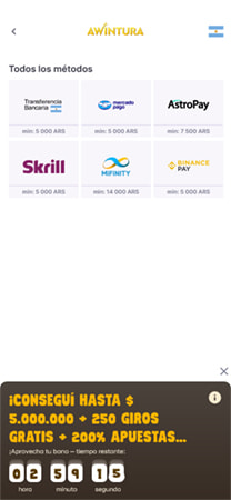 Logotipos de los métodos de pago aceptados en Awintura, incluyendo Mercado Pago y AstroPay.